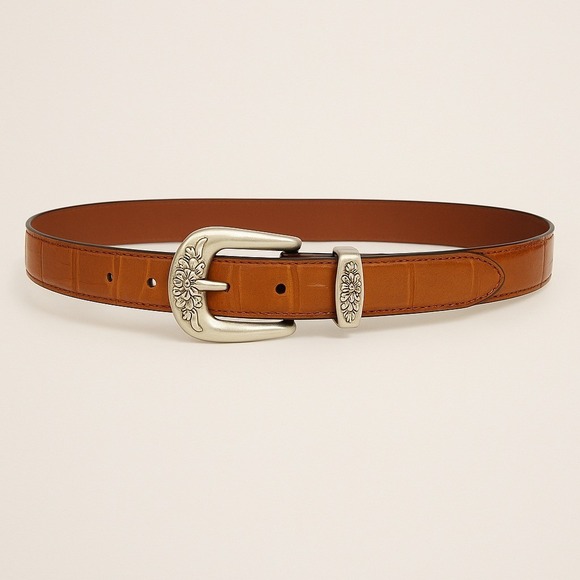 Accessories - Genuine Leather Western Belt Medium Brown‎ Floral Silver Buckle Boho Country